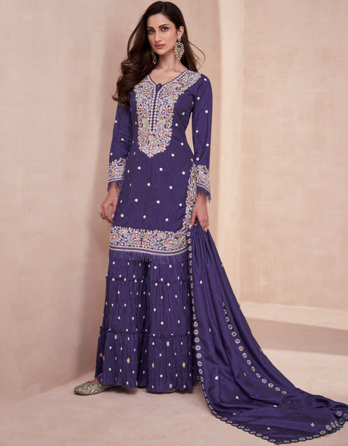 Traditional Function Wear Heavy Dolla Silk Readymade Suit Collection Purple Dolla Silk Palazzo Suit Front View